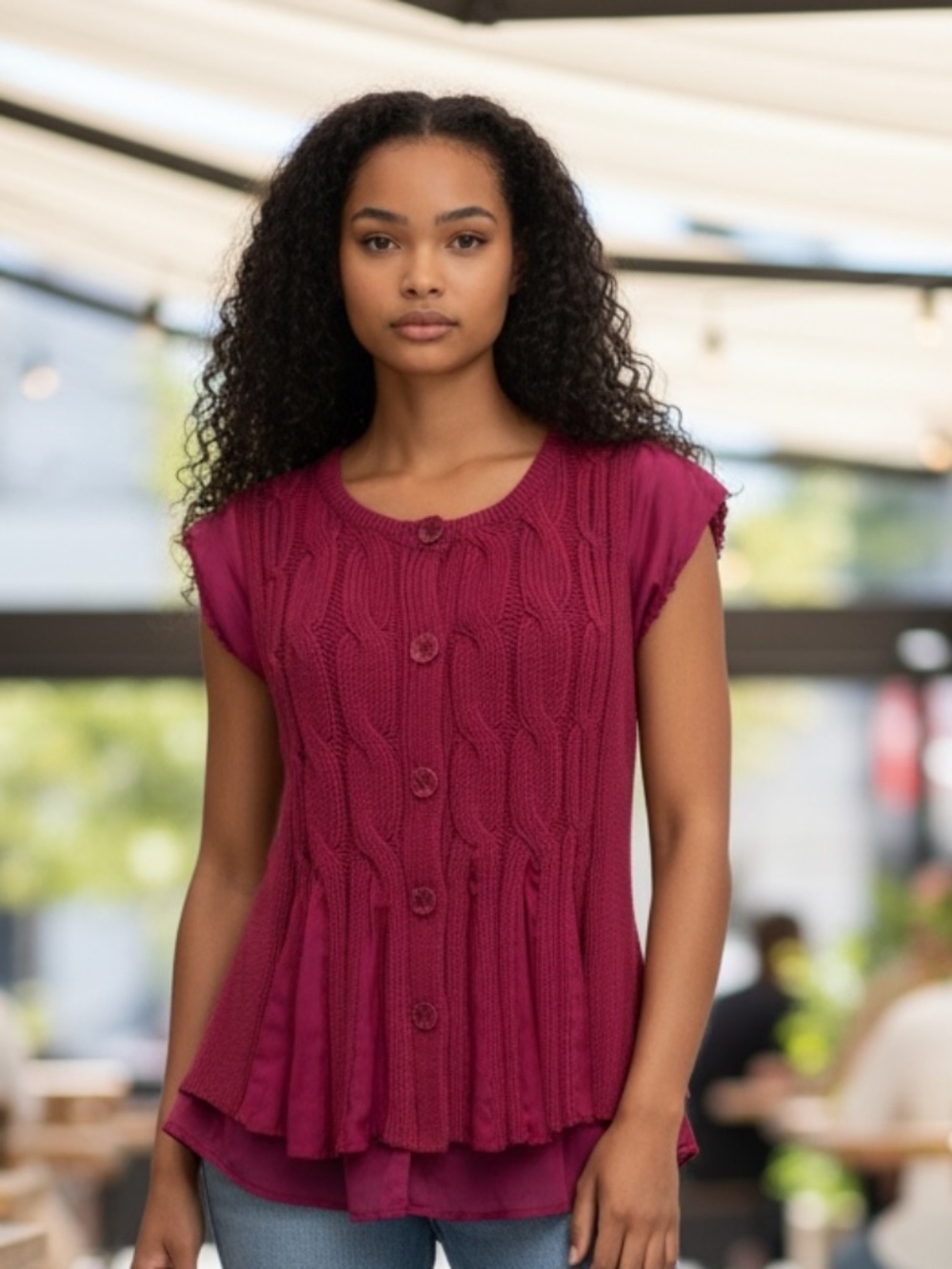 VINTAGE ,CHELSEA & VIOLET short-sleeved Burgundy Cable Knit Sweater ,s L,